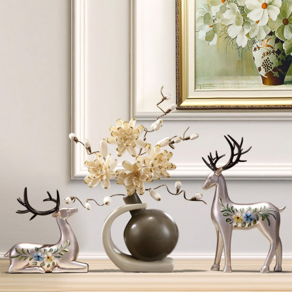 HMR - Creative Silver Deer Decoration Artificial Flower Set Golden Artificial Flowers in Vase