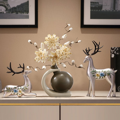 HMR - Creative Silver Deer Decoration Artificial Flower Set Golden Artificial Flowers in Vase