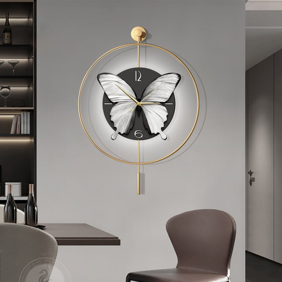 HMR - LED Golden Butterfly Silent Pendulum Remote Control Adjustable Wall Clock