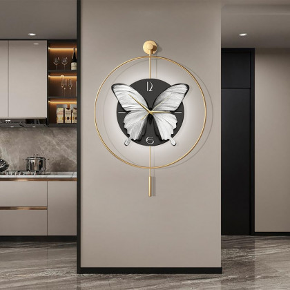 HMR - LED Golden Butterfly Silent Pendulum Remote Control Adjustable Wall Clock