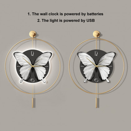 HMR - LED Golden Butterfly Silent Pendulum Remote Control Adjustable Wall Clock