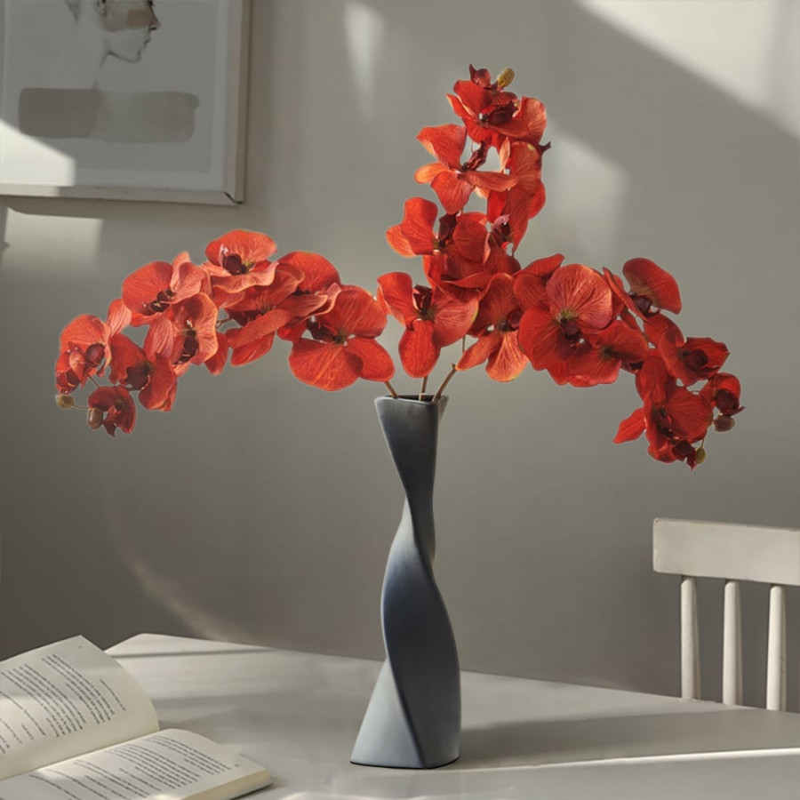 HMR - Modern Creative Orange Orchid Artificial Flower Arrangement in Black Vase