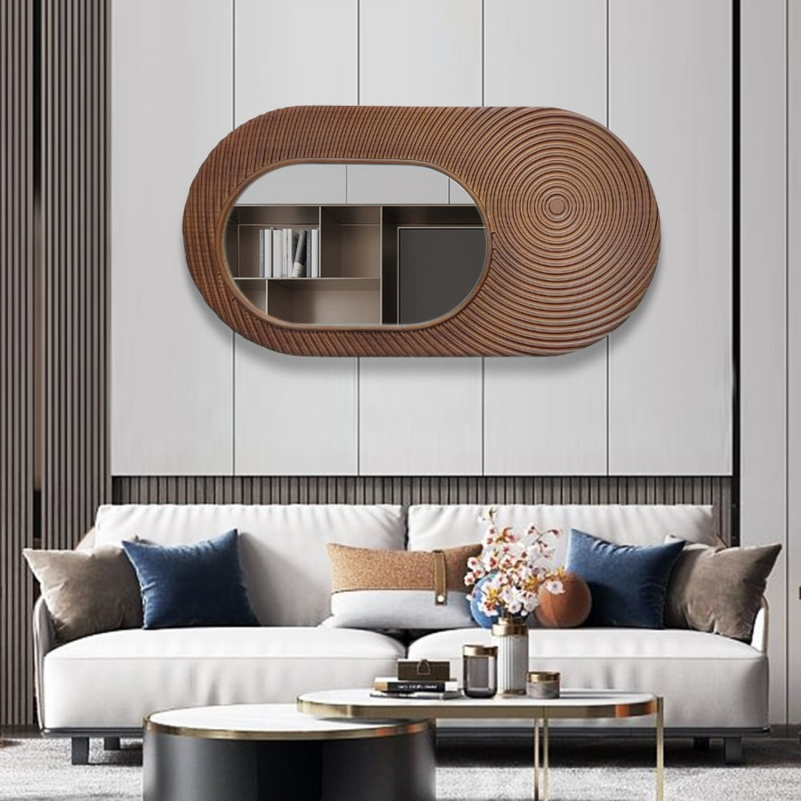 HMR - 37.4" Large Brown Oval Wall Mirror Decor with Circle Texture Frame Living Room Bedroom