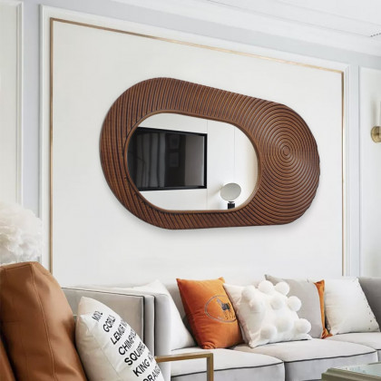 HMR - 37.4" Large Brown Oval Wall Mirror Decor with Circle Texture Frame Living Room Bedroom
