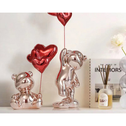 HMR Cute Pink Bear Statue Sculpture Ornament Decor with Red Heart Balloons - Red, 4.7"W x 3.9"D x 10.4"H