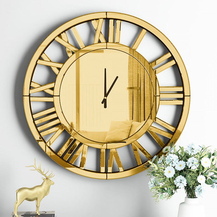 HMR - 23" Large Round Roman Numeral Silent Wall Clock Modern Acrylic Mirror Decor Art in Gold
