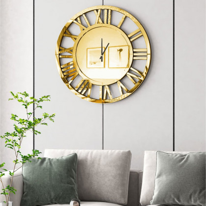 HMR - 23" Large Round Roman Numeral Silent Wall Clock Modern Acrylic Mirror Decor Art in Gold