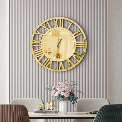 HMR - 23" Large Round Roman Numeral Silent Wall Clock Modern Acrylic Mirror Decor Art in Gold
