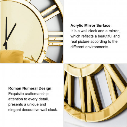 HMR - 23" Large Round Roman Numeral Silent Wall Clock Modern Acrylic Mirror Decor Art in Gold