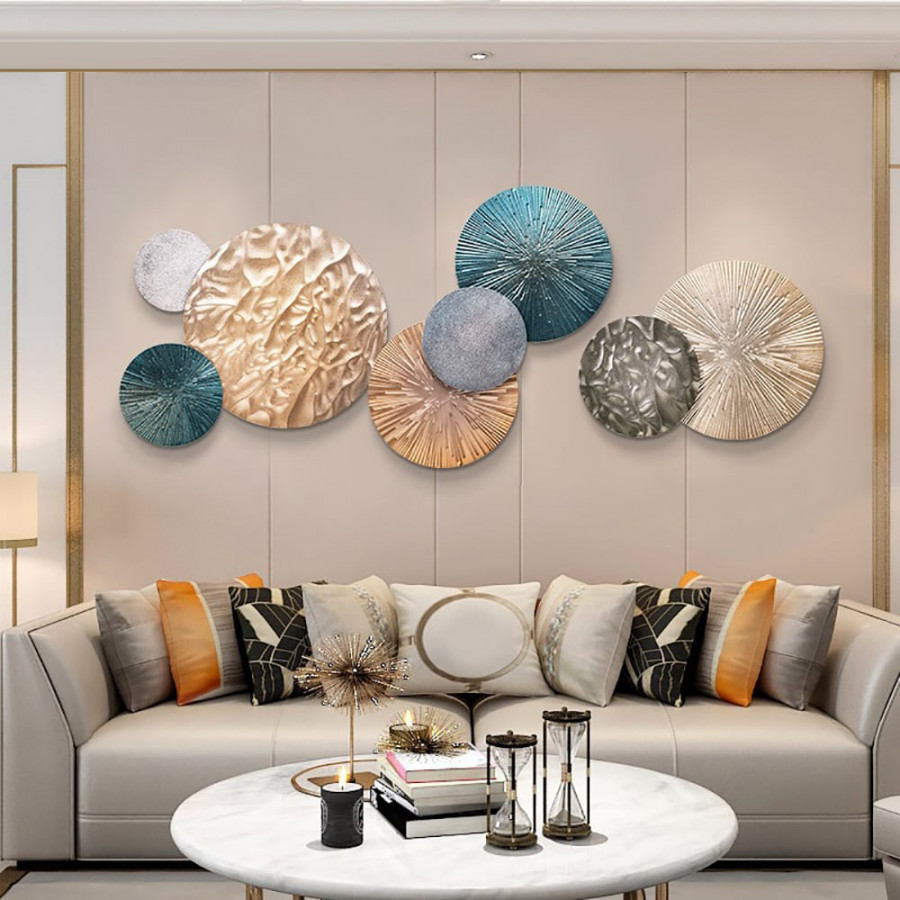 HMR - 3D Art Deco Large Metal Round Textured Wall Decor for Living Room Bedroom