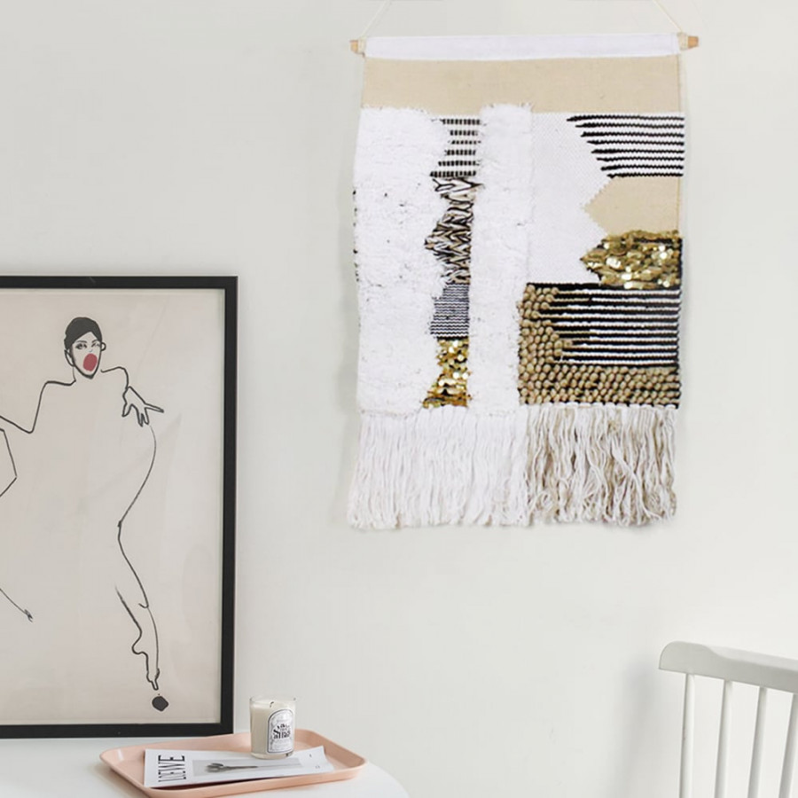 HMR - Modern Woven Black and Gold Blend Tapestry Macrame Wall Hanging