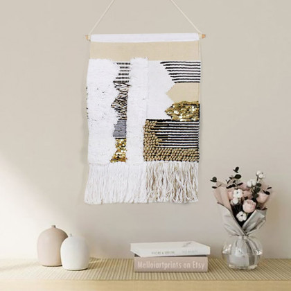 HMR - Modern Woven Black and Gold Blend Tapestry Macrame Wall Hanging