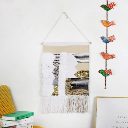 HMR - Modern Woven Black and Gold Blend Tapestry Macrame Wall Hanging