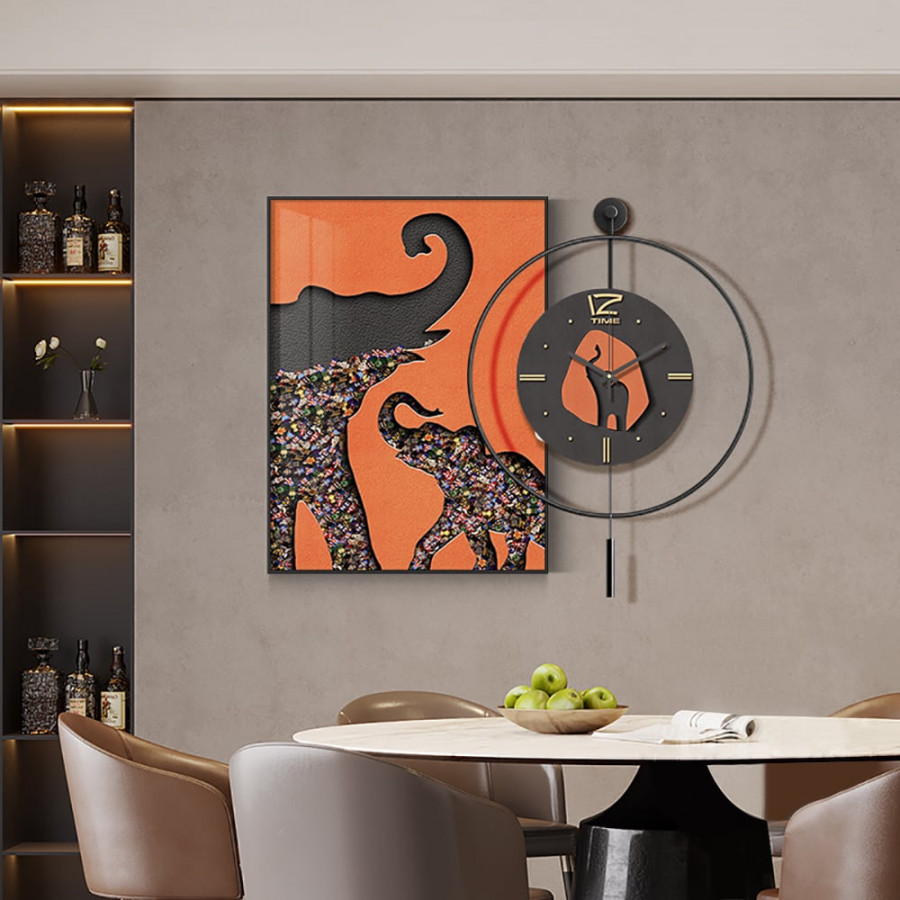 HMR - Goreal Round Wall Clock Orange Rectangle Elephant Building Blocks Decor Art Living Room
