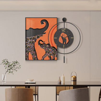 HMR - Goreal Round Wall Clock Orange Rectangle Elephant Building Blocks Decor Art Living Room