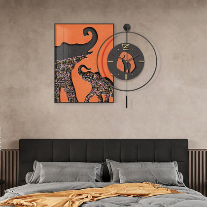 HMR - Goreal Round Wall Clock Orange Rectangle Elephant Building Blocks Decor Art Living Room