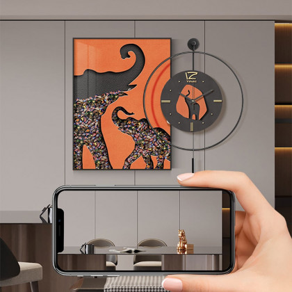 HMR - Goreal Round Wall Clock Orange Rectangle Elephant Building Blocks Decor Art Living Room