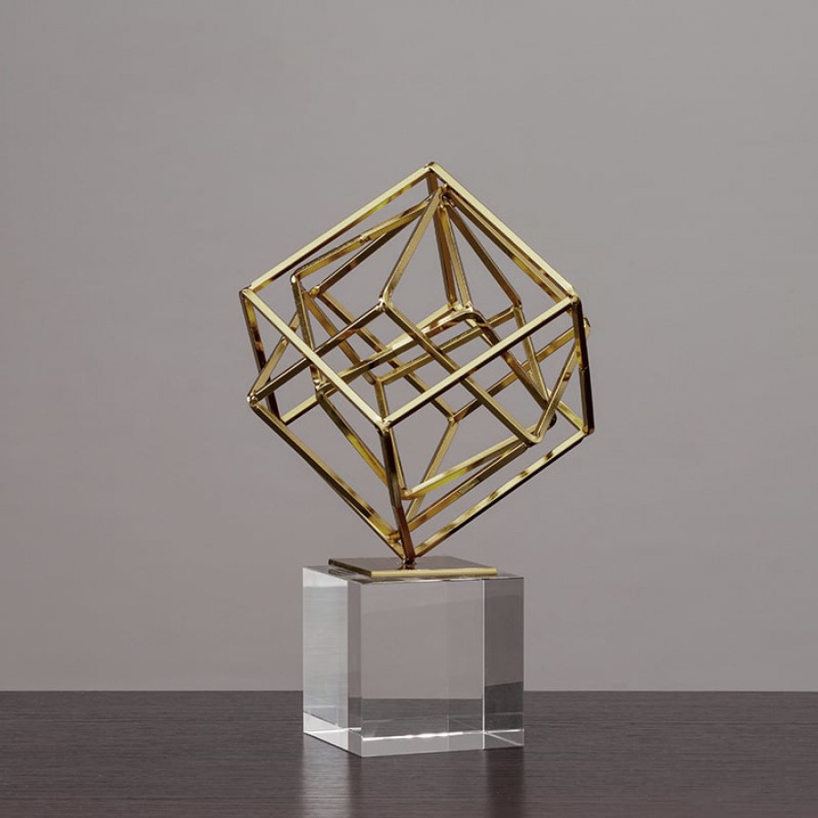 HMR - Modern Gold Metal 3D Geometry Ornament Figurine Sculpture Decor Art with Crystal Stand