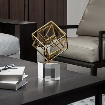 HMR - Modern Gold Metal 3D Geometry Ornament Figurine Sculpture Decor Art with Crystal Stand