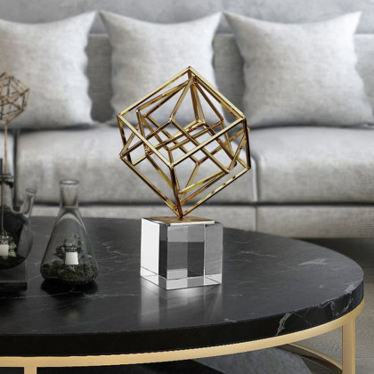 HMR - Modern Gold Metal 3D Geometry Ornament Figurine Sculpture Decor Art with Crystal Stand