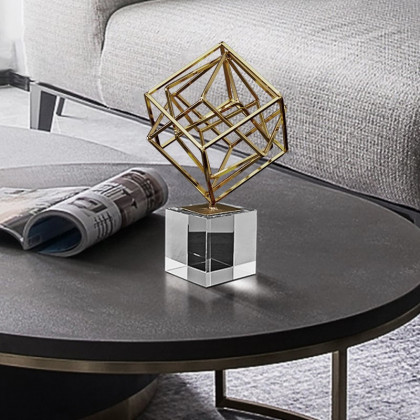 HMR - Modern Gold Metal 3D Geometry Ornament Figurine Sculpture Decor Art with Crystal Stand
