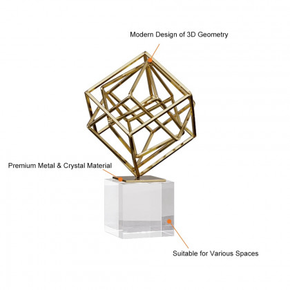 HMR - Modern Gold Metal 3D Geometry Ornament Figurine Sculpture Decor Art with Crystal Stand