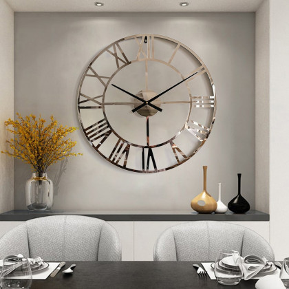 HMR - 23" Large Round Silver Roman Numeral Silent Wall Clock Modern Acrylic Decor Art