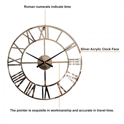 HMR - 23" Large Round Silver Roman Numeral Silent Wall Clock Modern Acrylic Decor Art