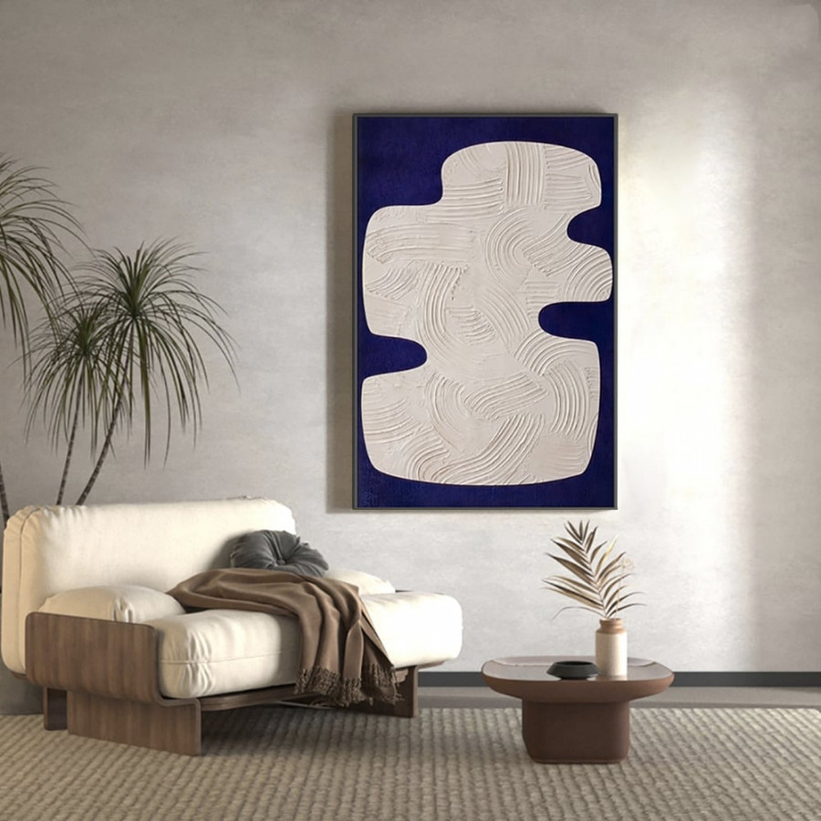 HMR - Japandi 3D Wall Decor for Living Room Home Abstract Art Painting with Frame Blue & White