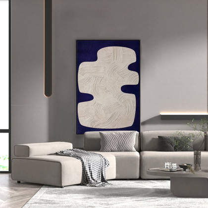 HMR - Japandi 3D Wall Decor for Living Room Home Abstract Art Painting with Frame Blue & White