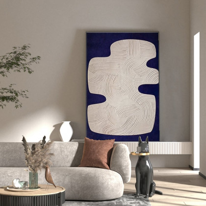 HMR - Japandi 3D Wall Decor for Living Room Home Abstract Art Painting with Frame Blue & White