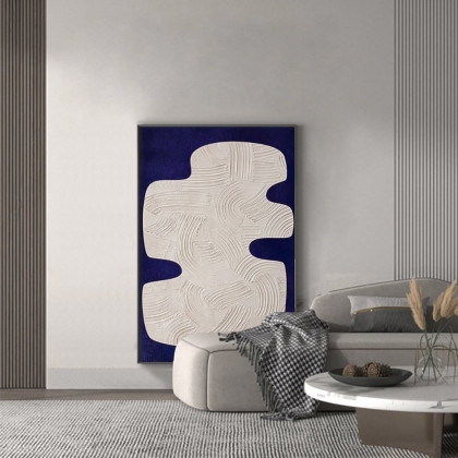 HMR - Japandi 3D Wall Decor for Living Room Home Abstract Art Painting with Frame Blue & White