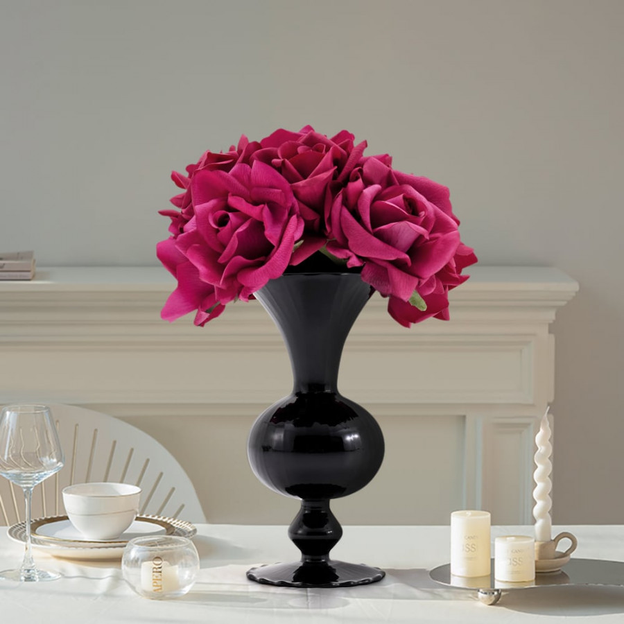 HMR - Modern Rose Artificial Flowers Arrangement in Black Vase Set