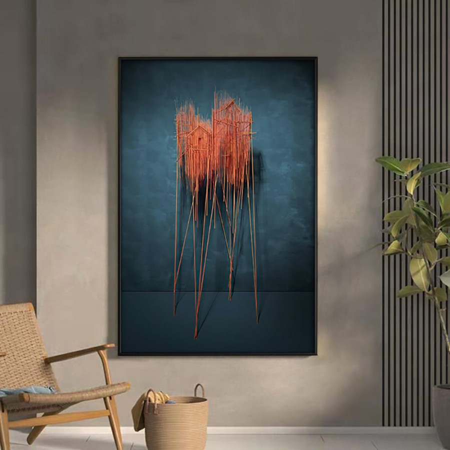 HMR - Farmhouse Wall Decor for Living Room 3D Nature Hanging Painting Art With Frame in Blue
