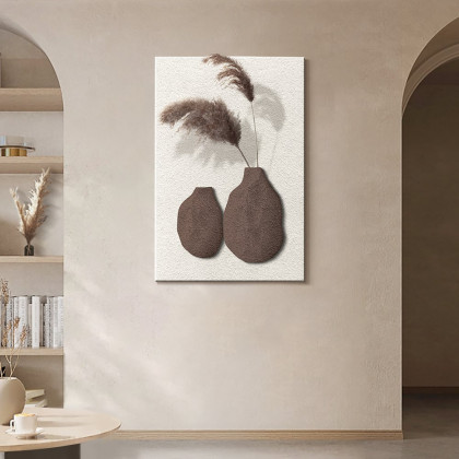 HMR - 27.6" Abstract Geometric Japandi Wall Art 3D Sculpture Decor With Vase in White & Brown