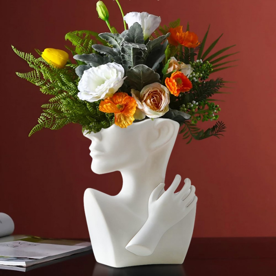 HMR - 9.4" Resin Statue Flower Vase Face Pots Bust Head Shaped Home Table Decor Art in White