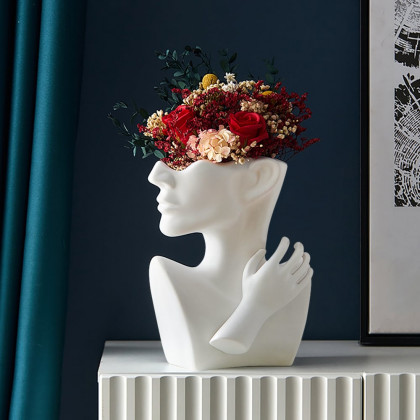 HMR - 9.4" Resin Statue Flower Vase Face Pots Bust Head Shaped Home Table Decor Art in White