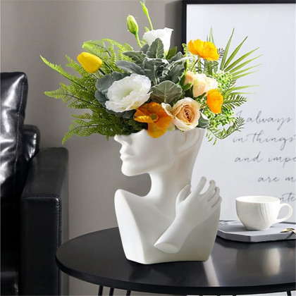 HMR - 9.4" Resin Statue Flower Vase Face Pots Bust Head Shaped Home Table Decor Art in White