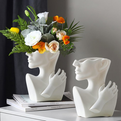 HMR - 9.4" Resin Statue Flower Vase Face Pots Bust Head Shaped Home Table Decor Art in White