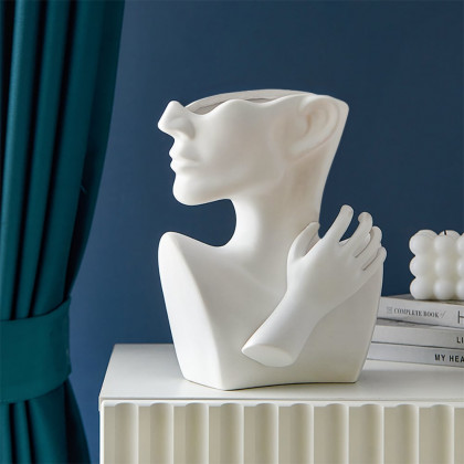 HMR - 9.4" Resin Statue Flower Vase Face Pots Bust Head Shaped Home Table Decor Art in White