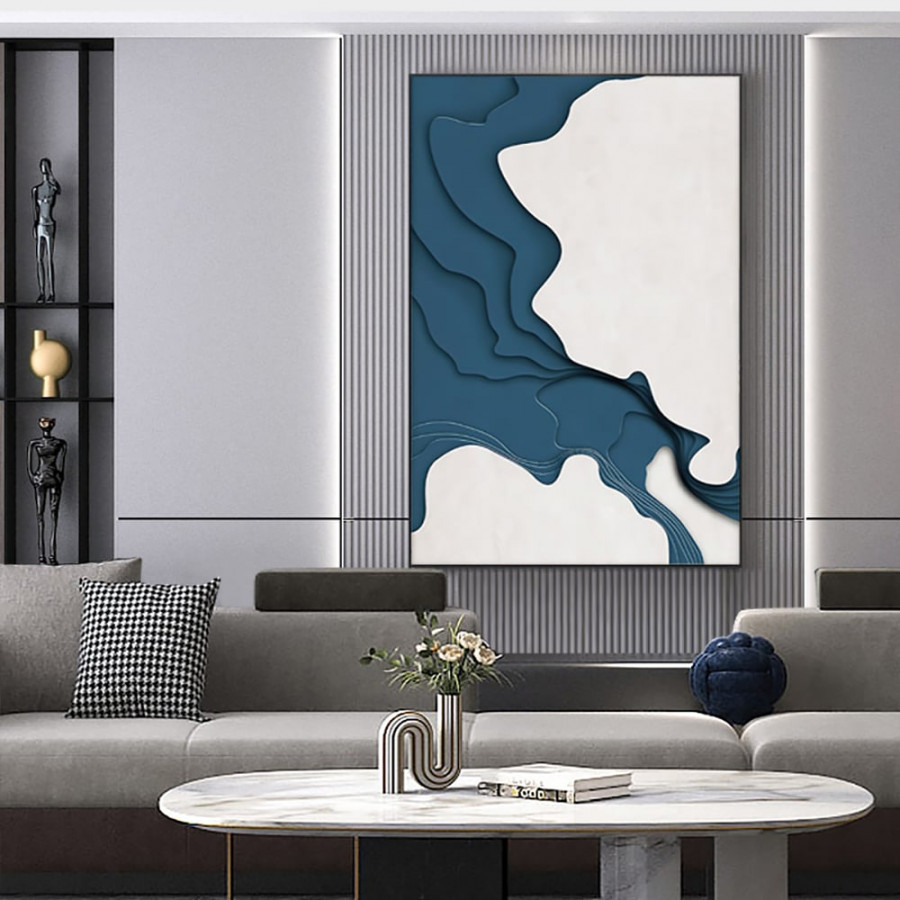 HMR - Modern Rectangle Wall Decor Abstract Canvas Print Art with Frame in Blue & White