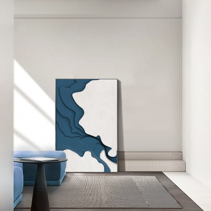HMR - Modern Rectangle Wall Decor Abstract Canvas Print Art with Frame in Blue & White