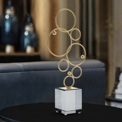 HMR - 16.1" Gold Geometric Metal Ring Sculpture Art Decor Ornament with Clear Crystal Base