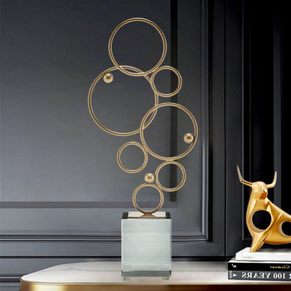 HMR - 16.1" Gold Geometric Metal Ring Sculpture Art Decor Ornament with Clear Crystal Base