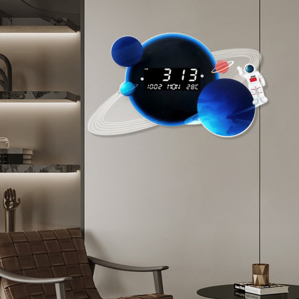 HMR - 23.6" LED Digital Display Modern Acrylic Blue Space Astronaut Wall Clock Decor Art
