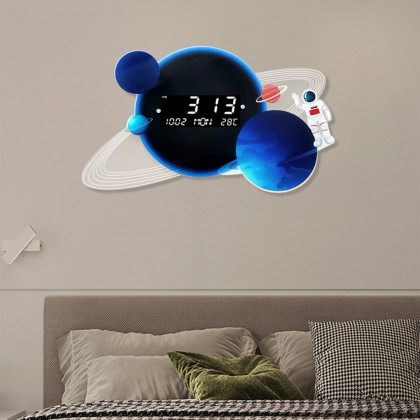 HMR - 23.6" LED Digital Display Modern Acrylic Blue Space Astronaut Wall Clock Decor Art