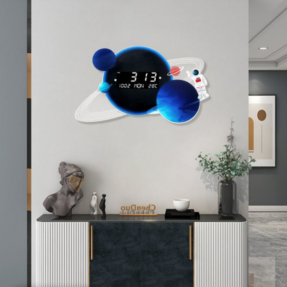 HMR - 23.6" LED Digital Display Modern Acrylic Blue Space Astronaut Wall Clock Decor Art
