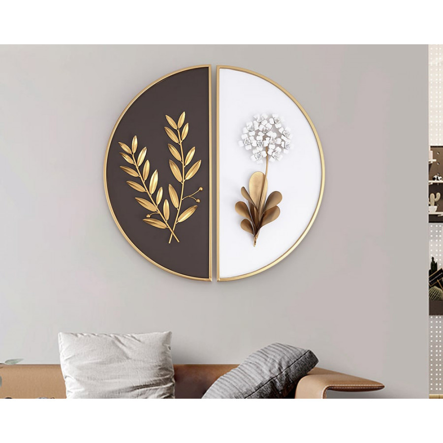 HMR 2-Pieces Glam Metal Bedroom Wall Decor Home Art with Semi-Circle Design - White & Brown