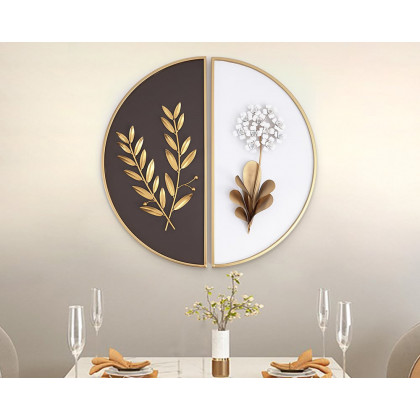 HMR 2-Pieces Glam Metal Bedroom Wall Decor Home Art with Semi-Circle Design - White & Brown