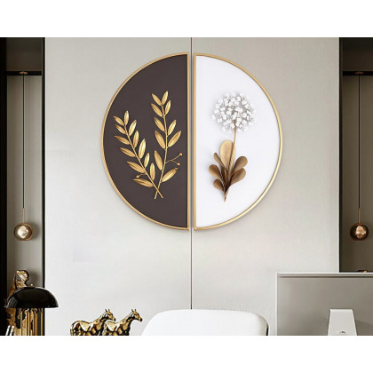 HMR 2-Pieces Glam Metal Bedroom Wall Decor Home Art with Semi-Circle Design - White & Brown